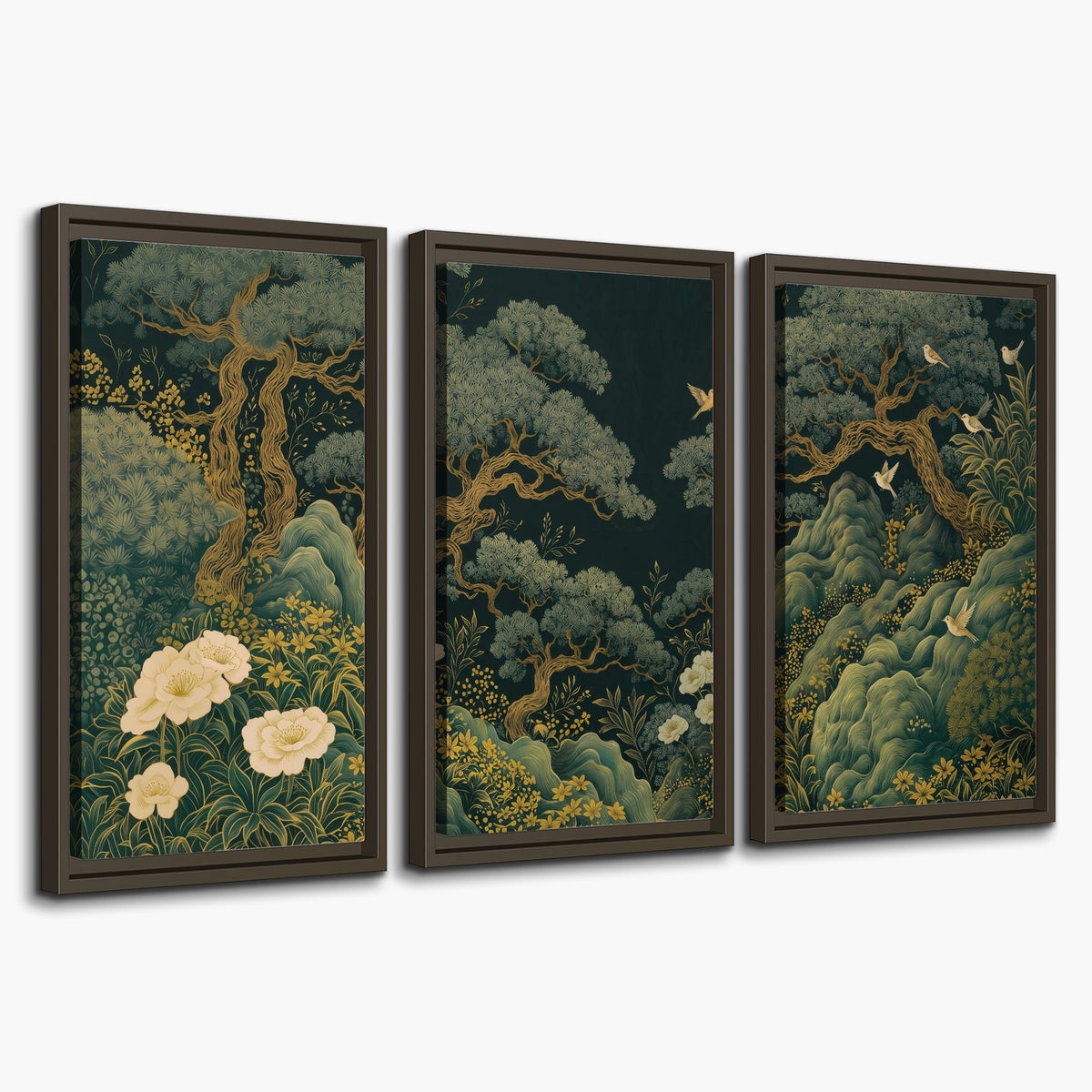 Decorative green trees, rocks, flowers and small birds 3 piece framed canvas wall art on a white background