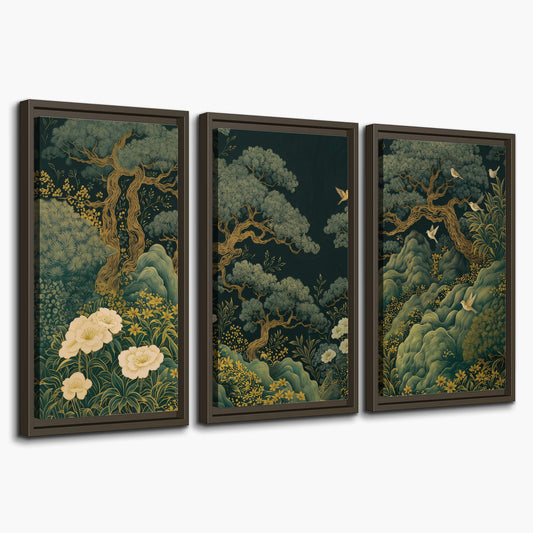 Decorative green trees, rocks, flowers and small birds 3 piece framed canvas wall art on a white background