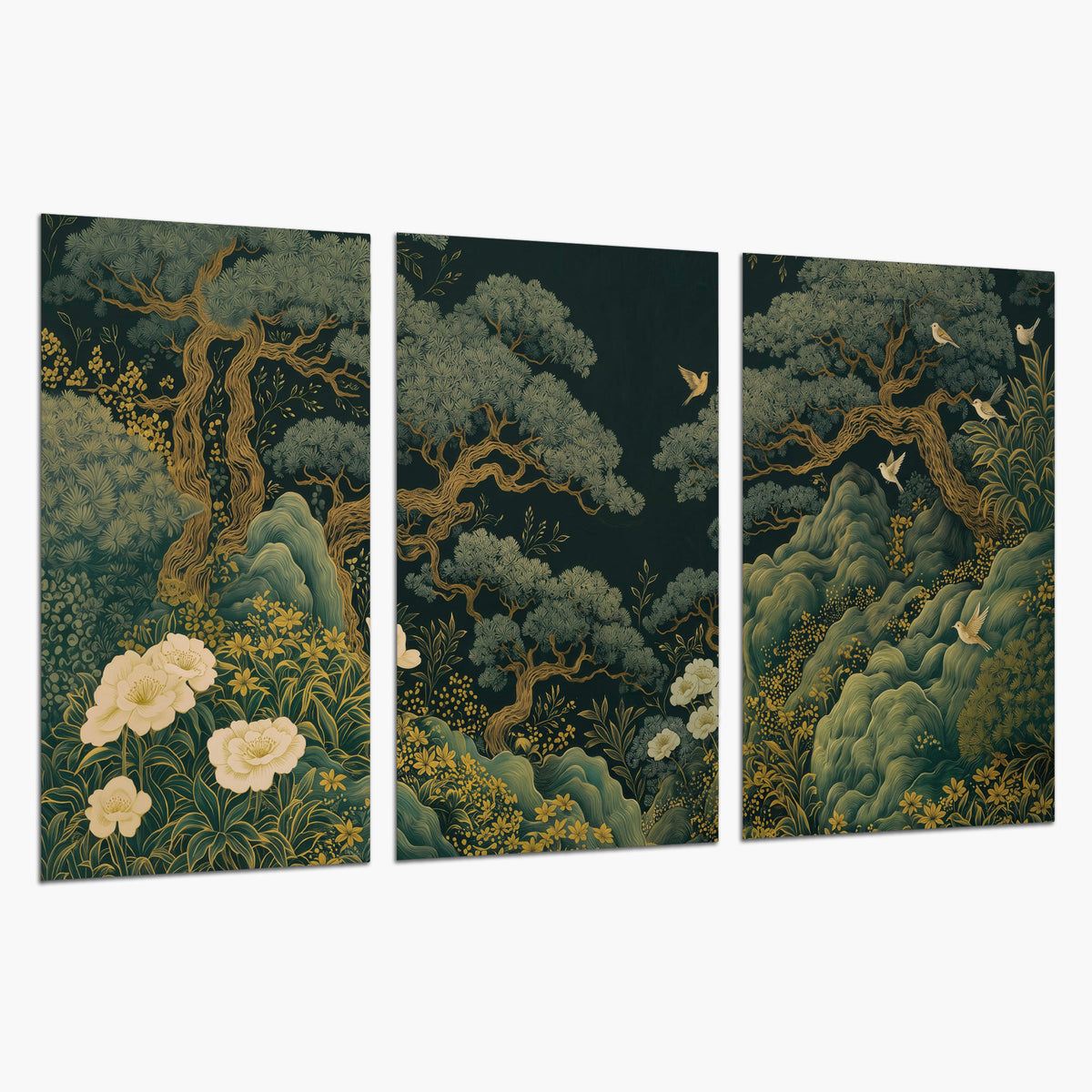 Decorative green trees, rocks, flowers and small birds set of 3 poster prints on a white background