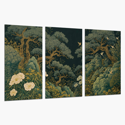 Decorative green trees, rocks, flowers and small birds set of 3 poster prints on a white background