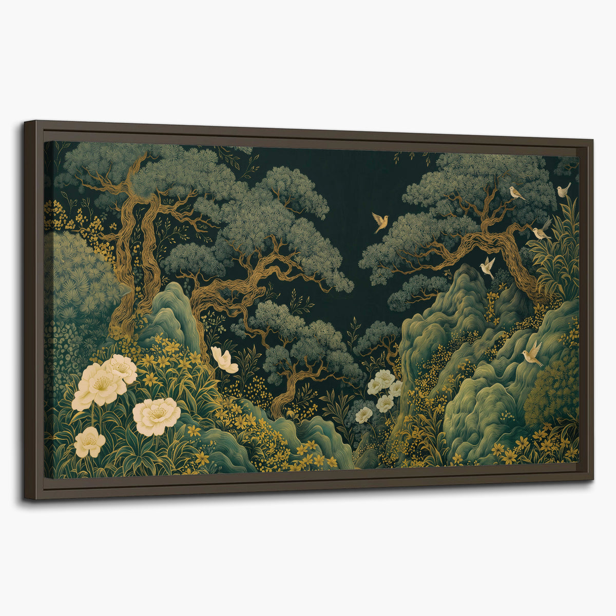 Decorative green trees, rocks, flowers and small birds single framed canvas wall art on a white background