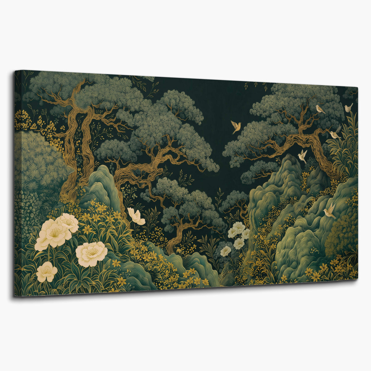 Decorative green trees, rocks, flowers and small birds single canvas wall art on a white background