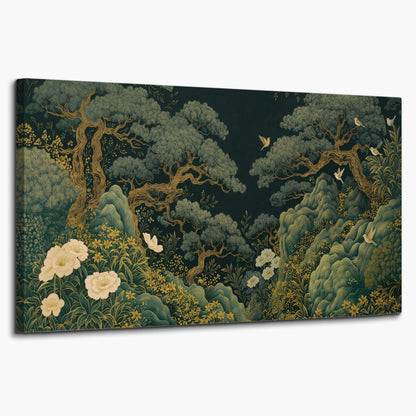 Decorative green trees, rocks, flowers and small birds single canvas wall art on a white background