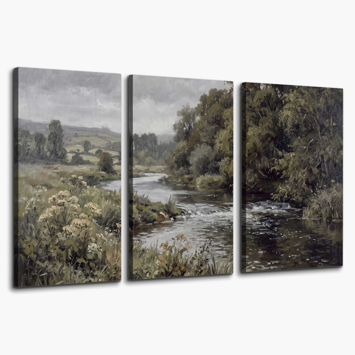 A gently flowing river bordered by olive-green trees and flowers 3 piece canvas wall art on a white background