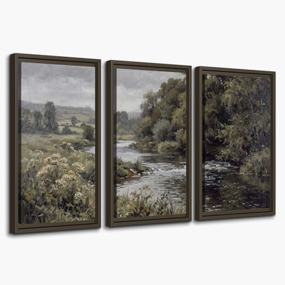 A gently flowing river bordered by olive-green trees and flowers 3 piece framed canvas wall art on a white background