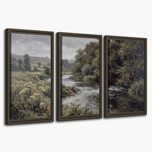 A gently flowing river bordered by olive-green trees and flowers 3 piece framed canvas wall art on a white background