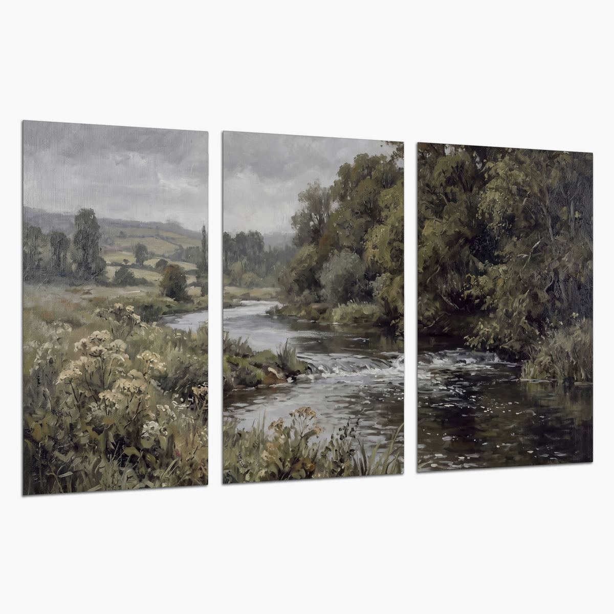 A gently flowing river bordered by olive-green trees and flowers set of 3 poster prints on a white background