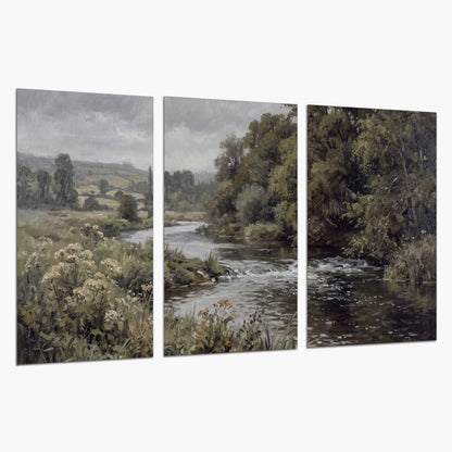A gently flowing river bordered by olive-green trees and flowers set of 3 poster prints on a white background