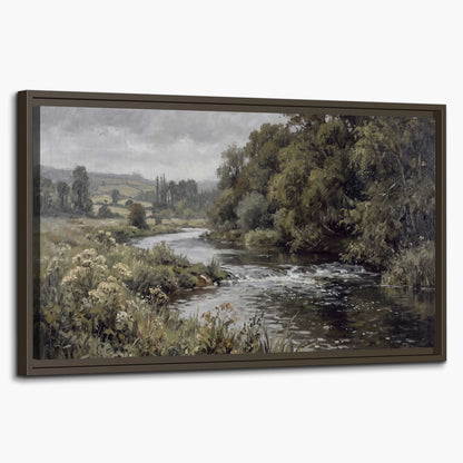 A gently flowing river bordered by olive-green trees and flowers single framed canvas wall art on a white background