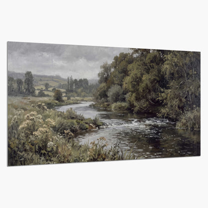 A gently flowing river bordered by olive-green trees and flowers single poster print on a white background