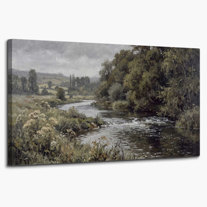 A gently flowing river bordered by olive-green trees and flowers single canvas wall art on a white background