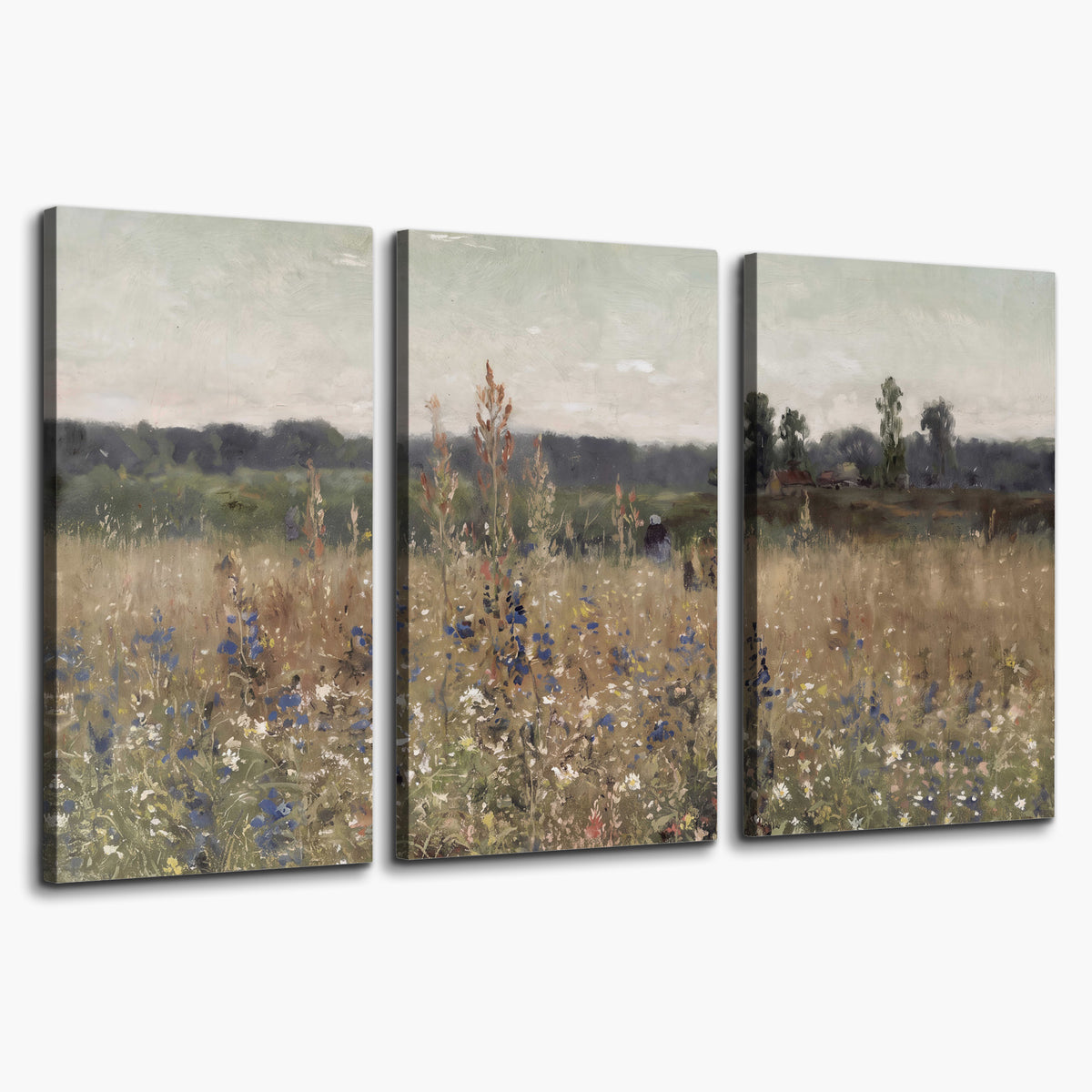 A loose painterly meadow with scattered blue and white wildflowers 3 piece canvas wall art on a white background