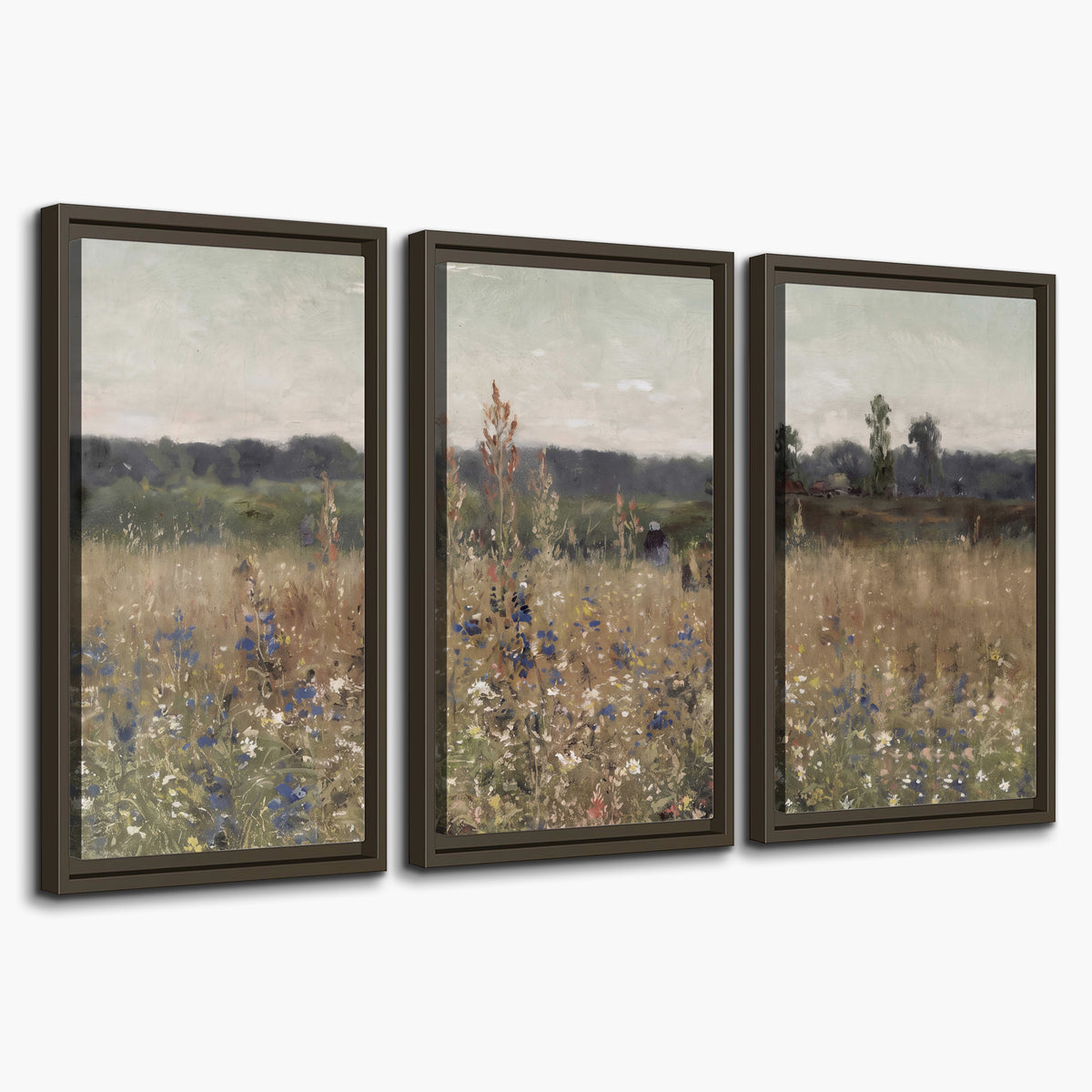 A loose painterly meadow with scattered blue and white wildflowers 3 piece framed canvas wall art on a white background