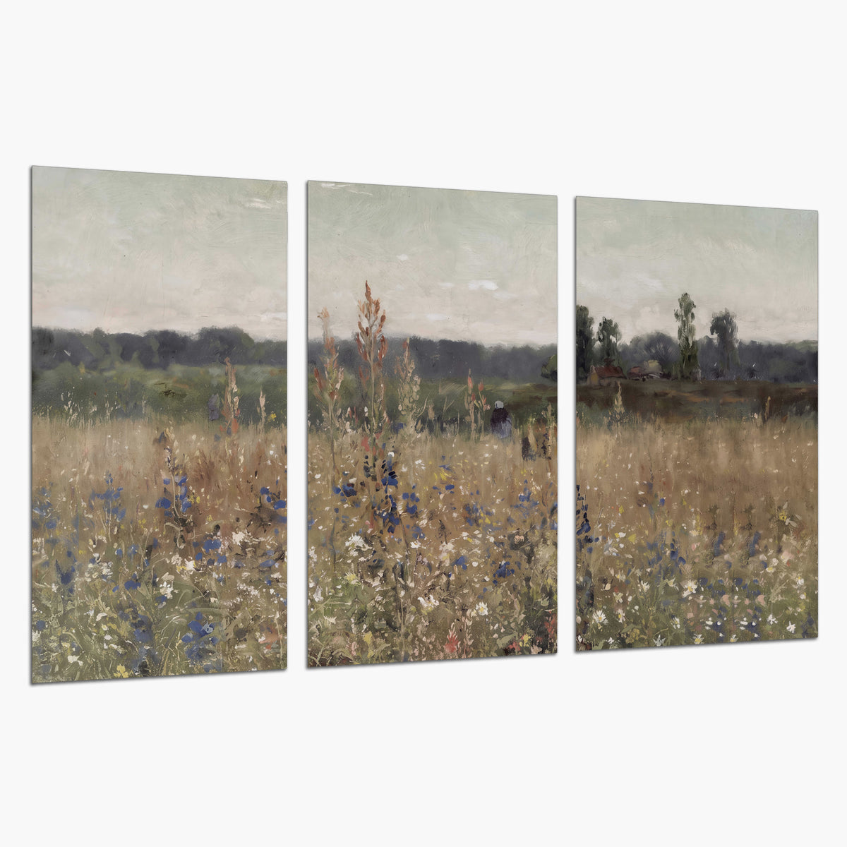 A loose painterly meadow with scattered blue and white wildflowers set of 3 poster prints on a white background