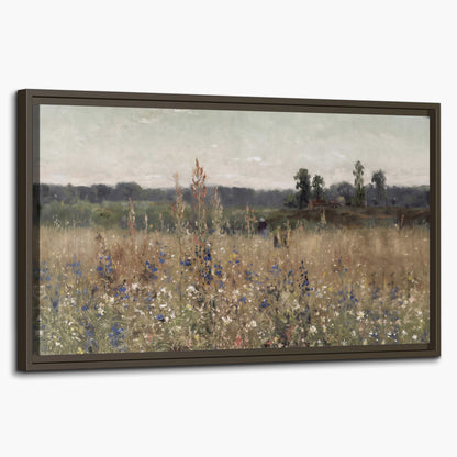 A loose painterly meadow with scattered blue and white wildflowers single framed canvas wall art on a white background