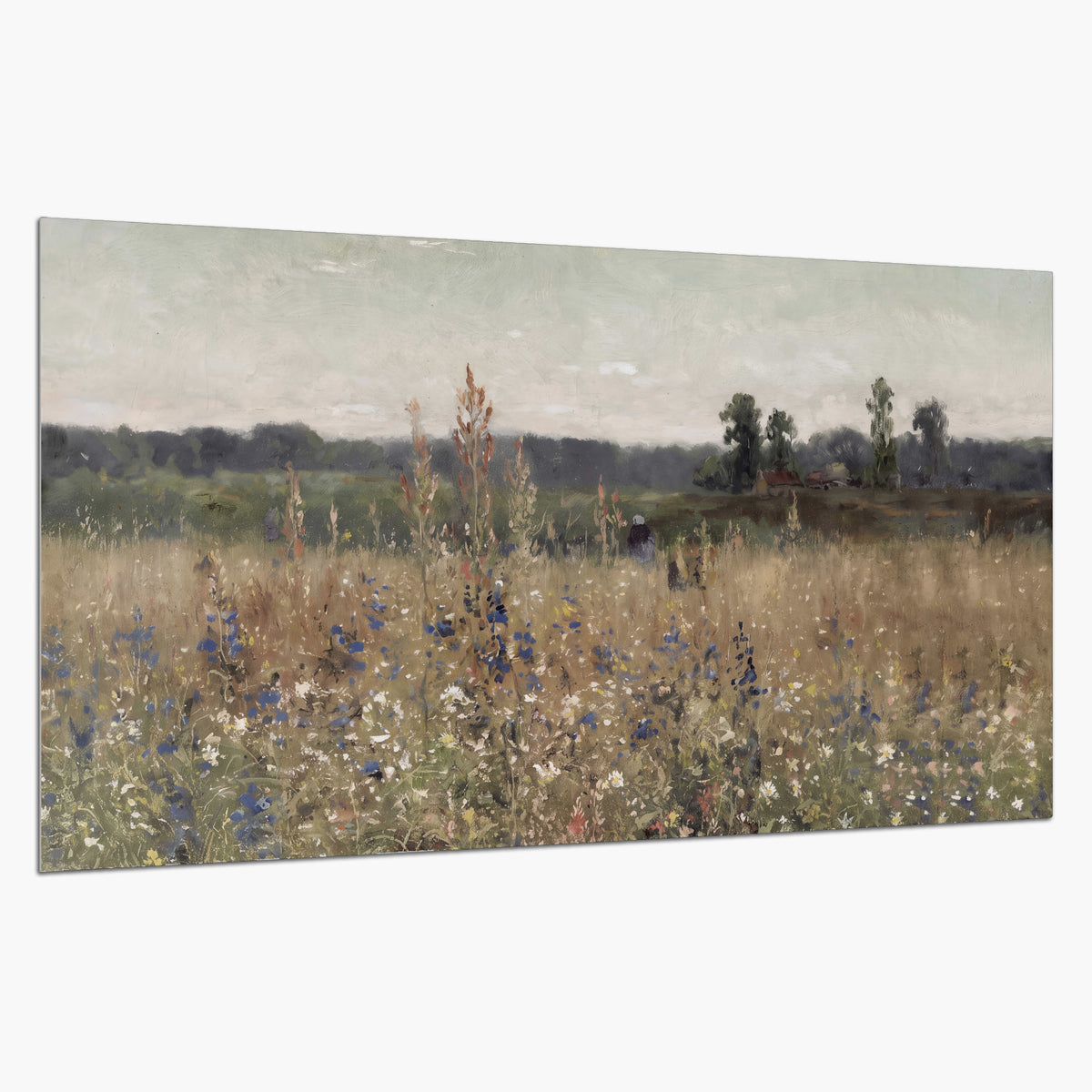 A loose painterly meadow with scattered blue and white wildflowers single poster print on a white background