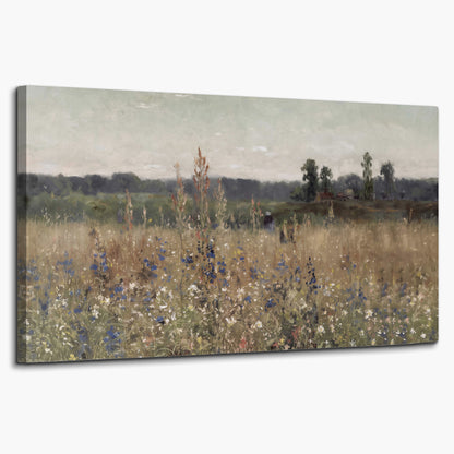 A loose painterly meadow with scattered blue and white wildflowers single canvas wall art on a white background