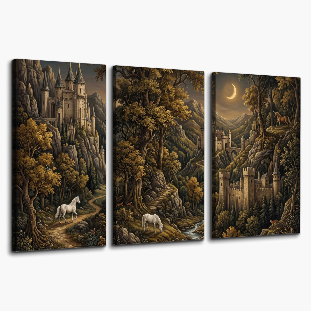 Fantasy castles, white horses and golden trees beneath a crescent moon 3 piece canvas wall art on a white background