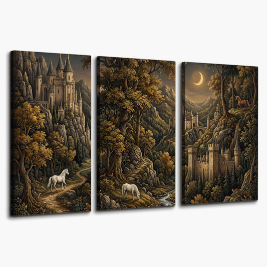 Fantasy castles, white horses and golden trees beneath a crescent moon 3 piece canvas wall art on a white background