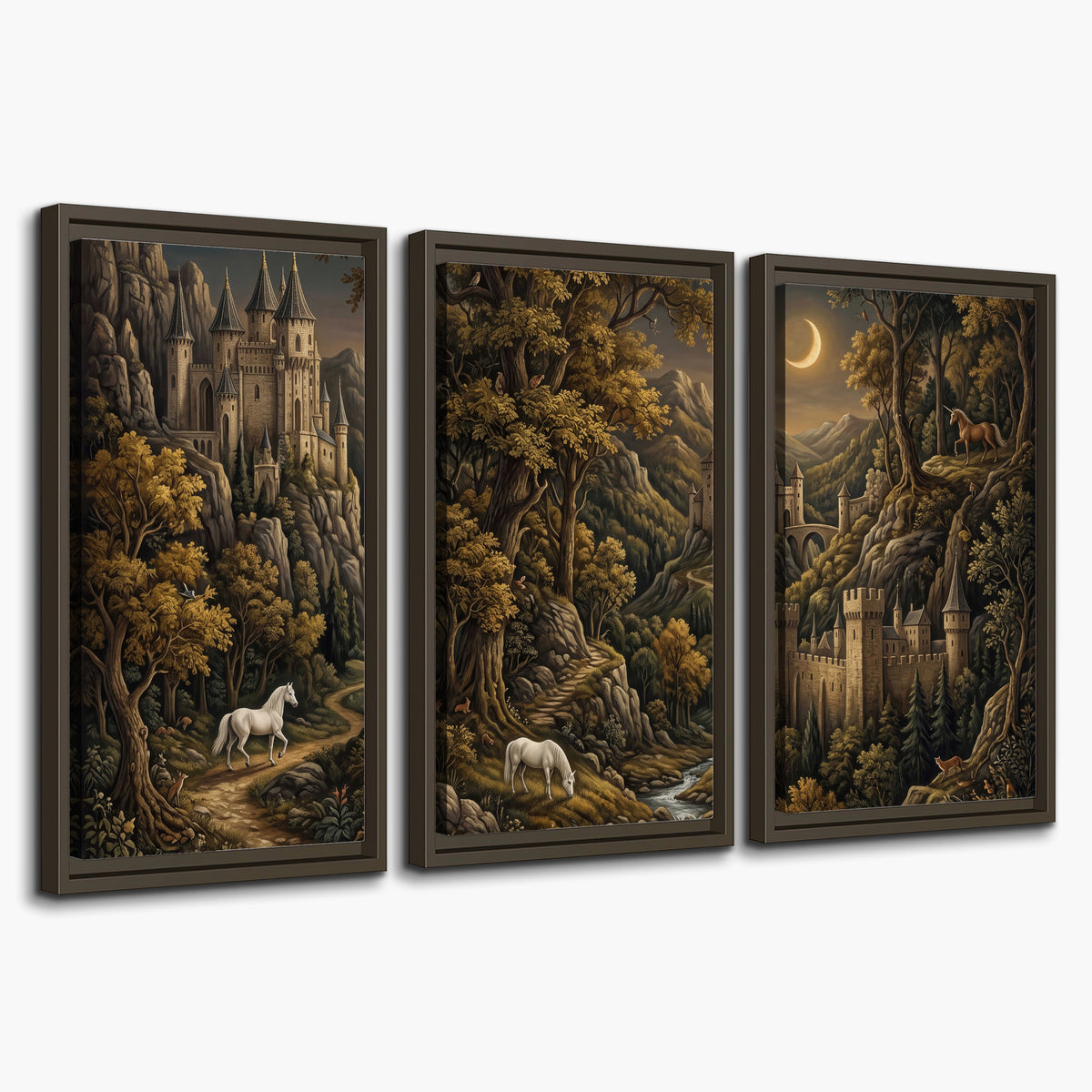 Fantasy castles, white horses and golden trees beneath a crescent moon 3 piece framed canvas wall art on a white background