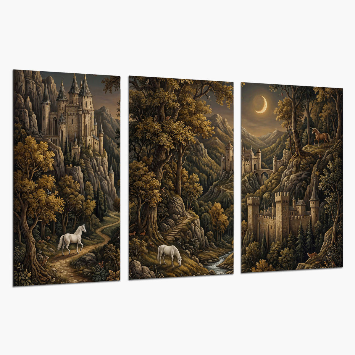 Fantasy castles, white horses and golden trees beneath a crescent moon set of 3 poster prints on a white background