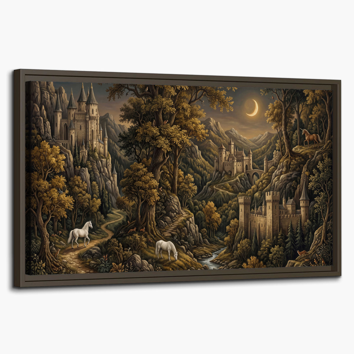 Fantasy castles, white horses and golden trees beneath a crescent moon single framed canvas wall art on a white background
