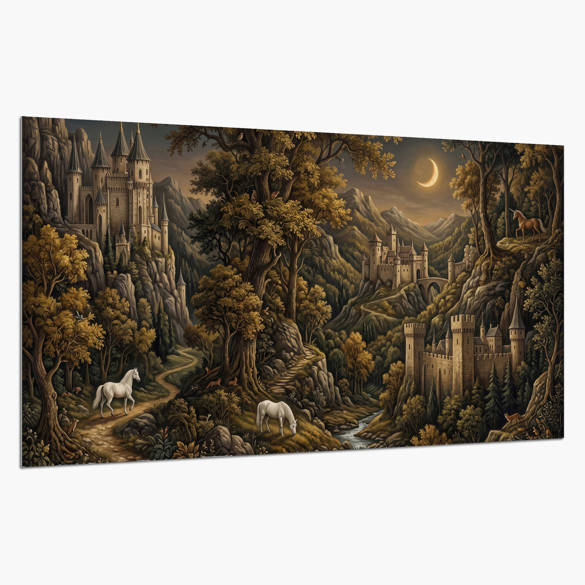 Fantasy castles, white horses and golden trees beneath a crescent moon single poster print on a white background