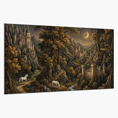 Fantasy castles, white horses and golden trees beneath a crescent moon single poster print on a white background