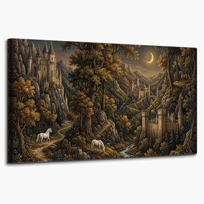 Fantasy castles, white horses and golden trees beneath a crescent moon single canvas wall art on a white background