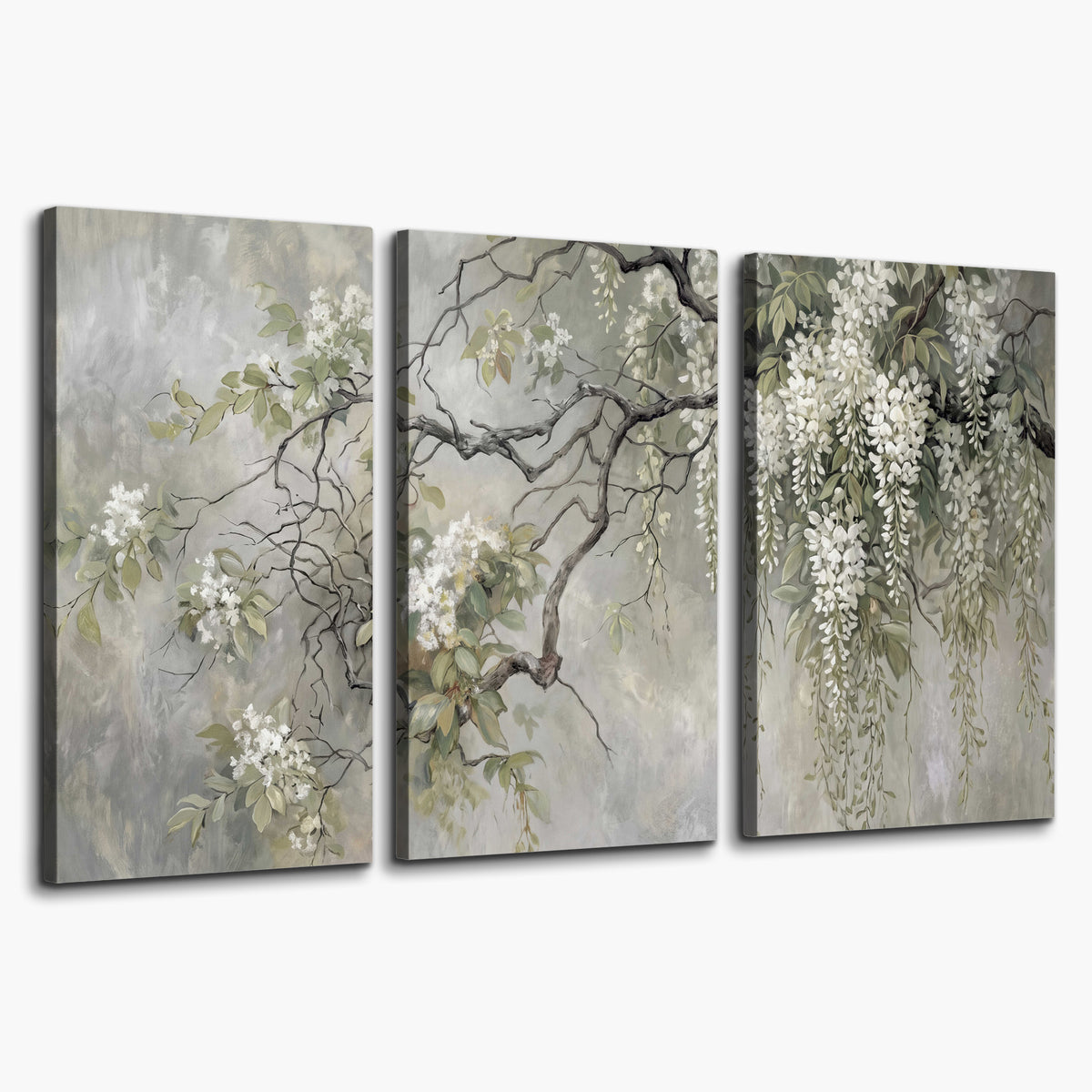 Trailing white blossoms and delicate green branches on pale gray 3 piece canvas wall art on a white background