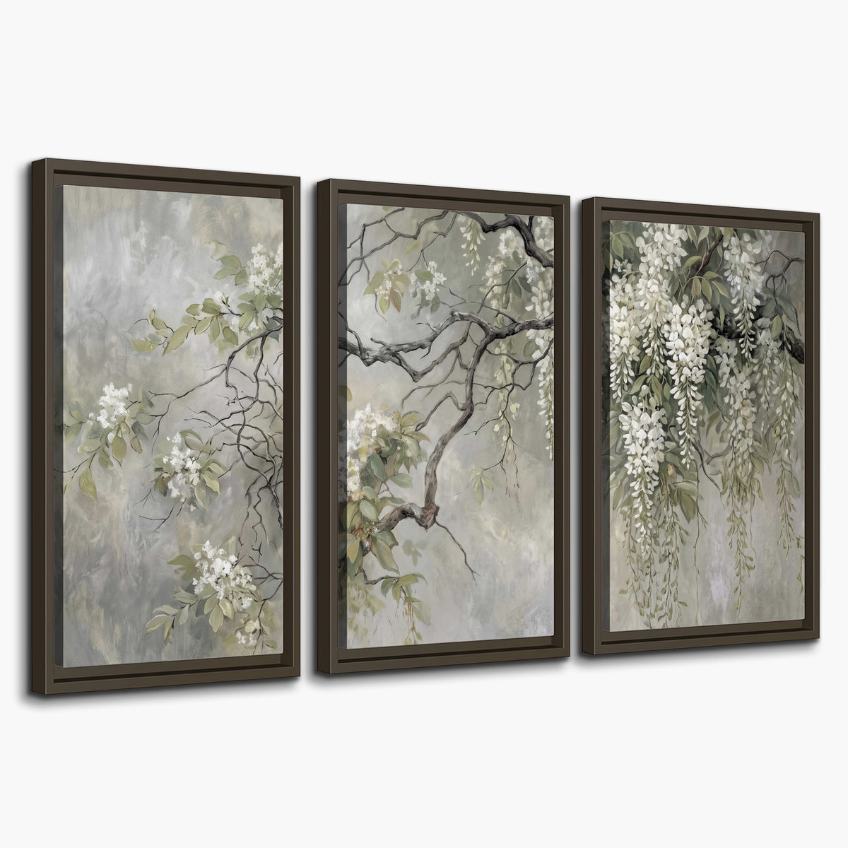 Trailing white blossoms and delicate green branches on pale gray 3 piece framed canvas wall art on a white background