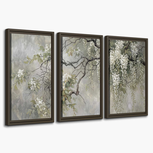 Trailing white blossoms and delicate green branches on pale gray 3 piece framed canvas wall art on a white background