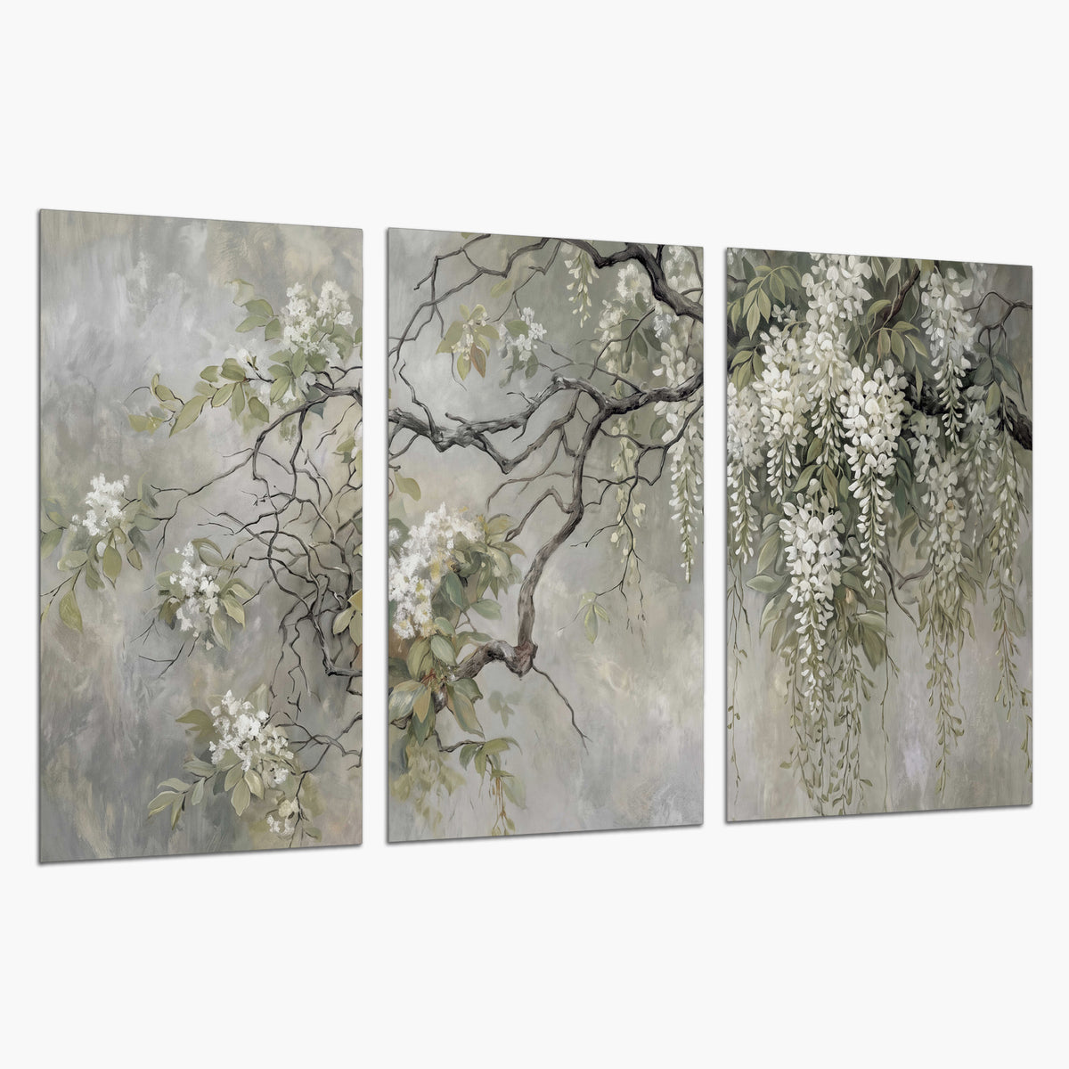 Trailing white blossoms and delicate green branches on pale gray set of 3 poster prints on a white background
