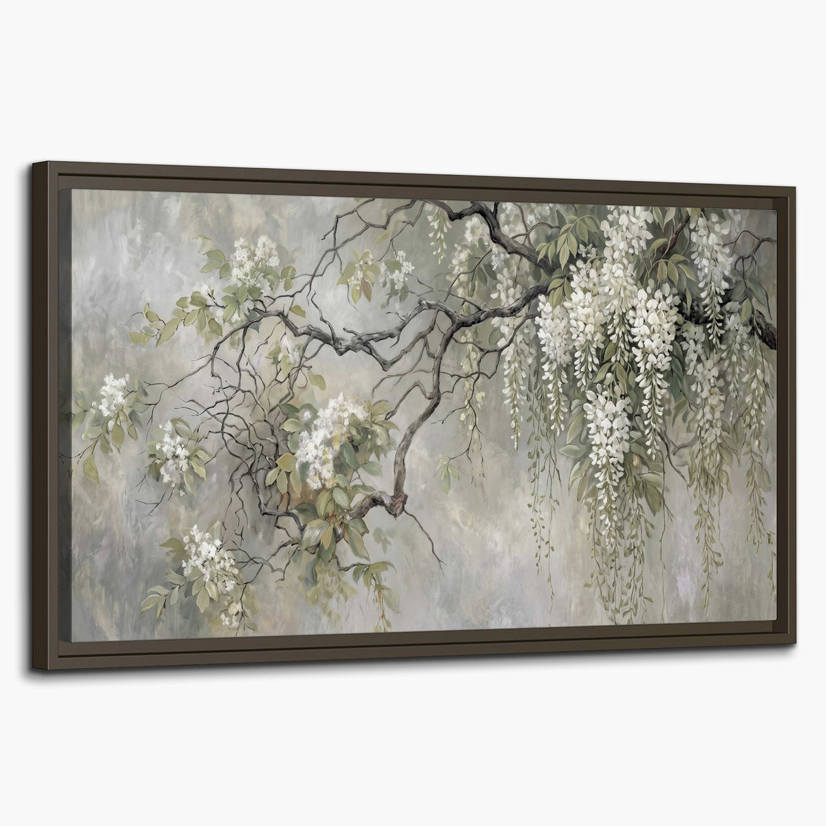 Trailing white blossoms and delicate green branches on pale gray single framed canvas wall art on a white background