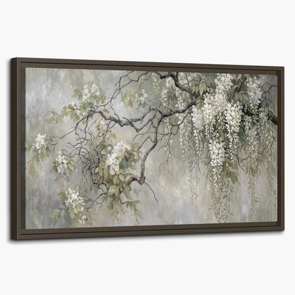 Trailing white blossoms and delicate green branches on pale gray single framed canvas wall art on a white background
