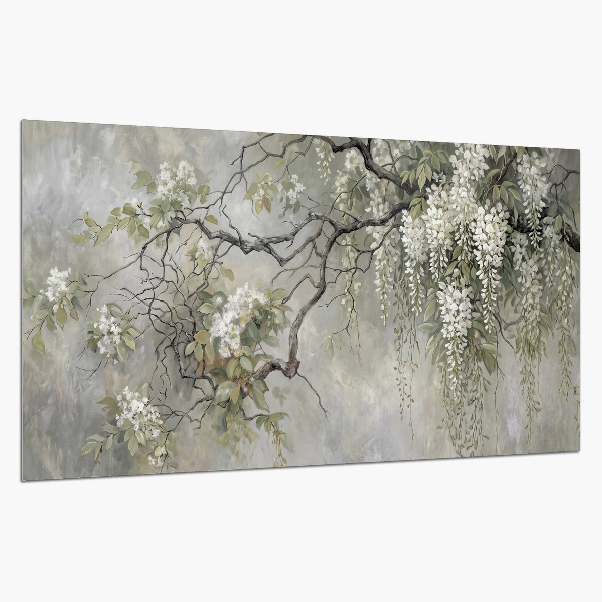 Trailing white blossoms and delicate green branches on pale gray single poster print on a white background