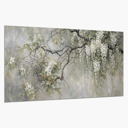 Trailing white blossoms and delicate green branches on pale gray single poster print on a white background