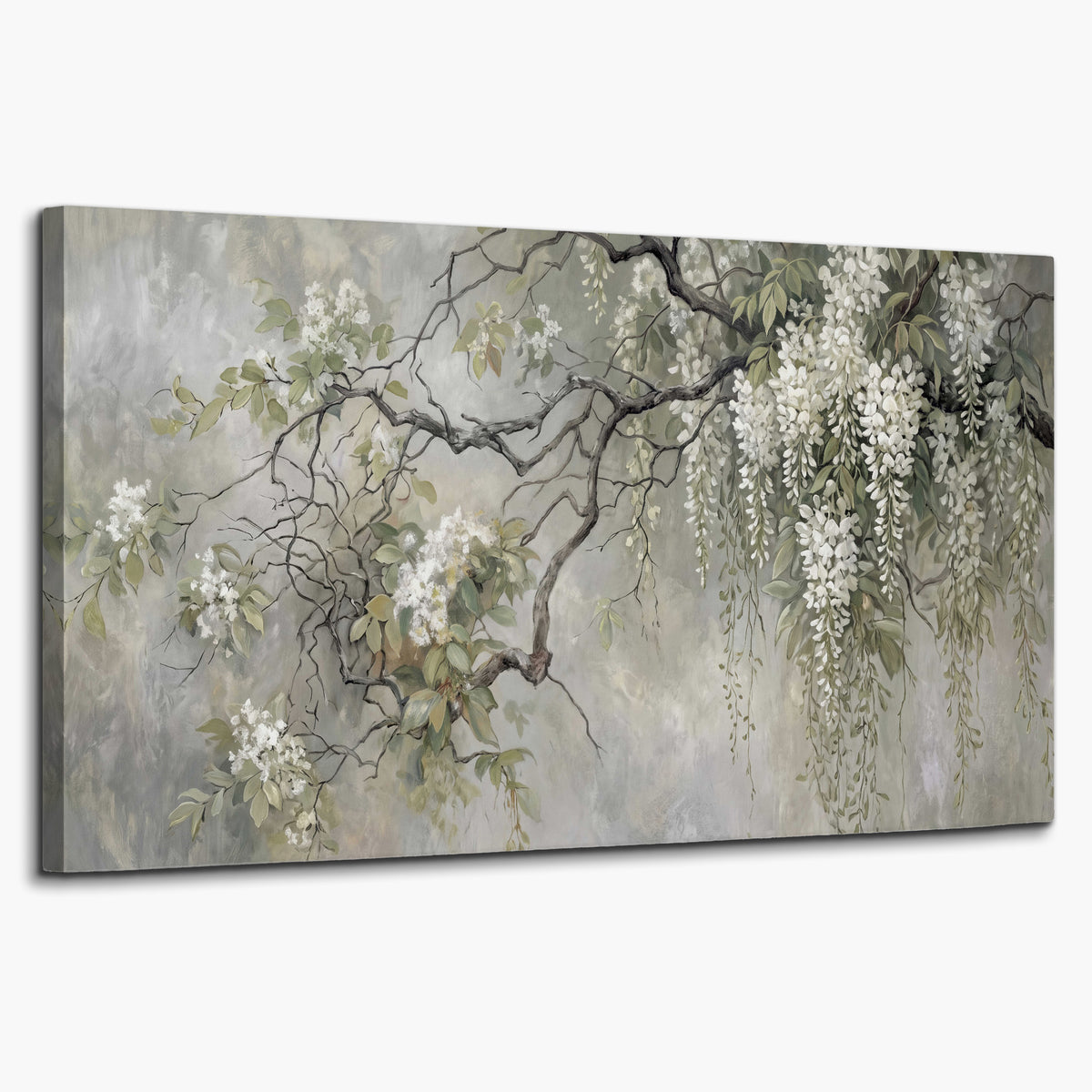 Trailing white blossoms and delicate green branches on pale gray single canvas wall art on a white background