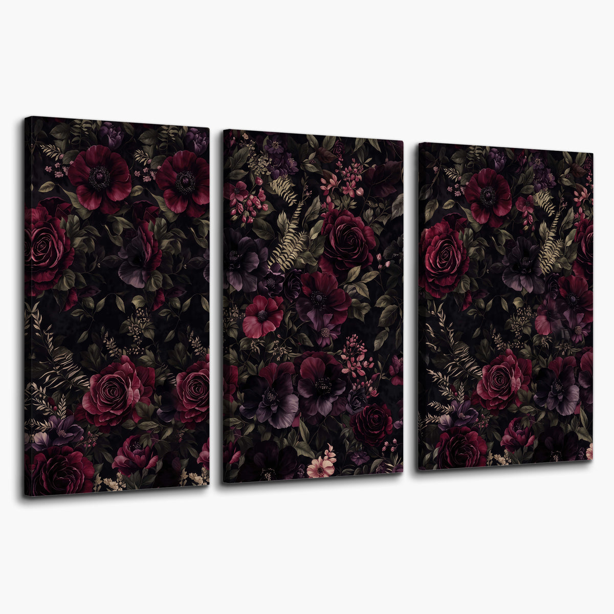 Deep burgundy roses and small pale flowers on a dark background 3 piece canvas wall art on a white background