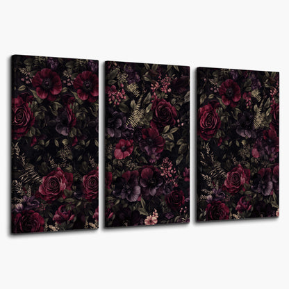 Deep burgundy roses and small pale flowers on a dark background 3 piece canvas wall art on a white background