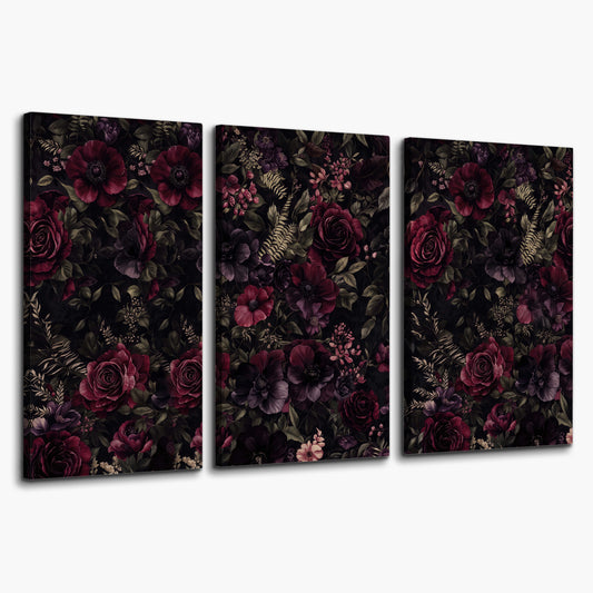 Deep burgundy roses and small pale flowers on a dark background 3 piece canvas wall art on a white background