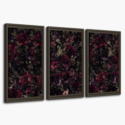 Deep burgundy roses and small pale flowers on a dark background 3 piece framed canvas wall art on a white background