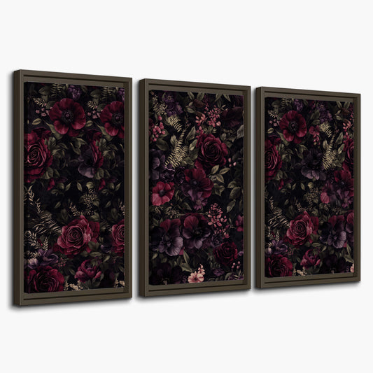 Deep burgundy roses and small pale flowers on a dark background 3 piece framed canvas wall art on a white background