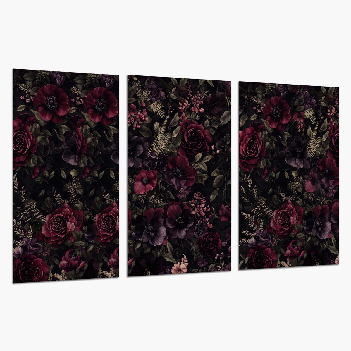 Deep burgundy roses and small pale flowers on a dark background set of 3 poster prints on a white background