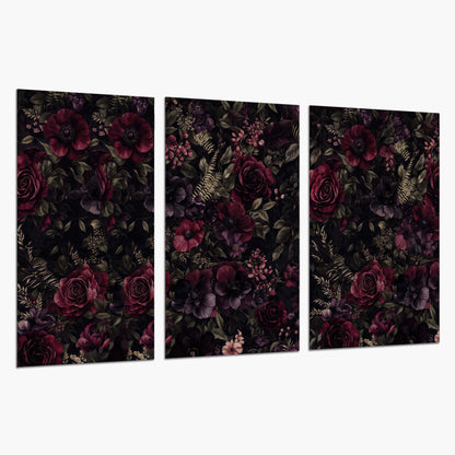 Deep burgundy roses and small pale flowers on a dark background set of 3 poster prints on a white background