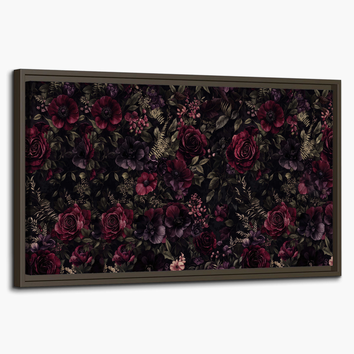 Deep burgundy roses and small pale flowers on a dark background single framed canvas wall art on a white background