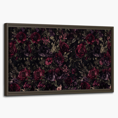 Deep burgundy roses and small pale flowers on a dark background single framed canvas wall art on a white background