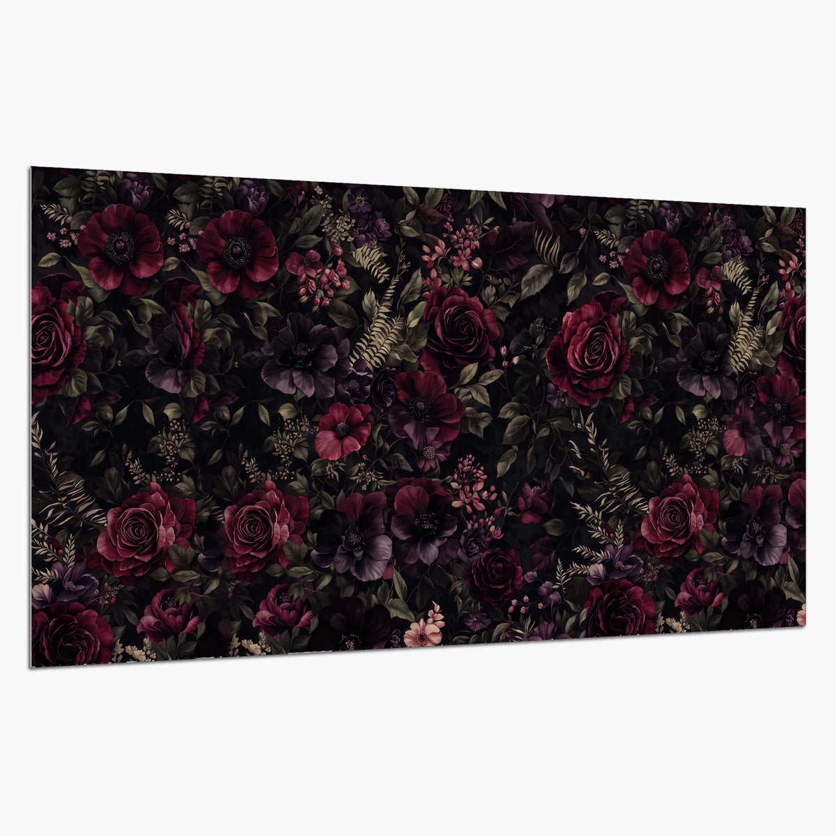 Deep burgundy roses and small pale flowers on a dark background single poster print on a white background