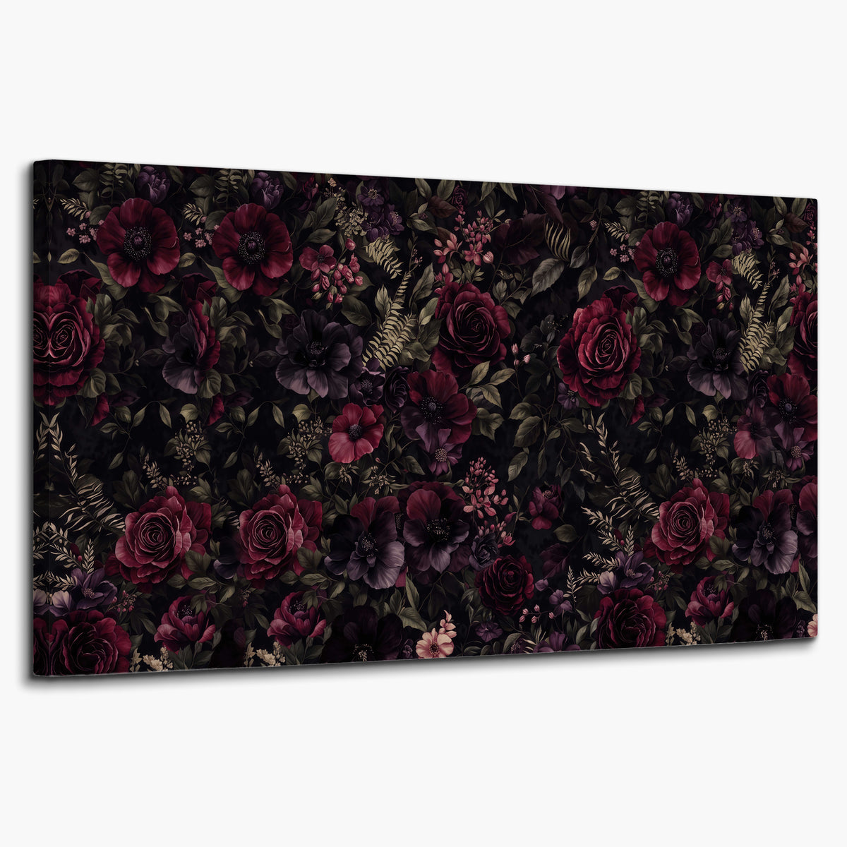 Deep burgundy roses and small pale flowers on a dark background single canvas wall art on a white background