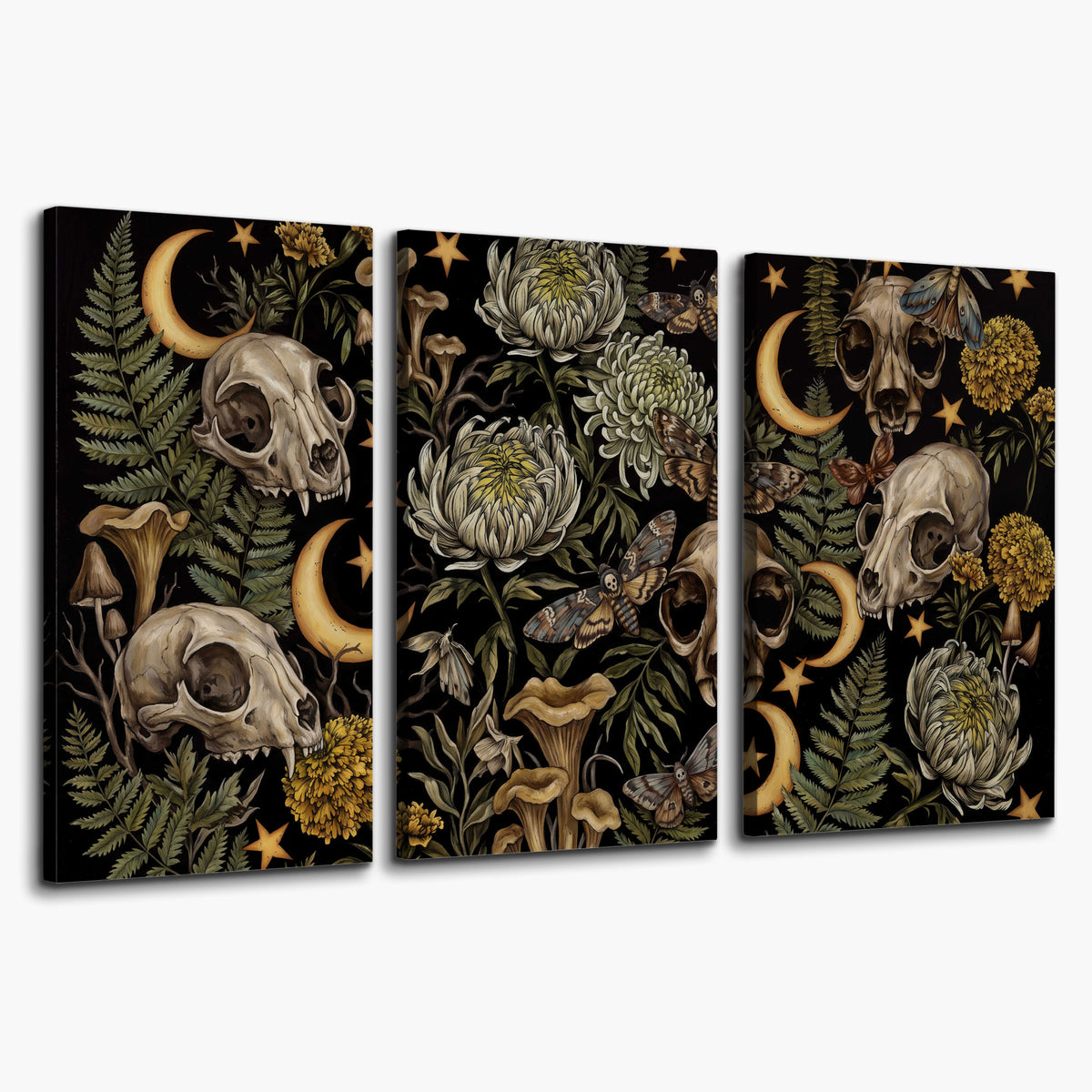 Decorative animal skulls, moons, stars, mushrooms and botanical leaves 3 piece canvas wall art on a white background